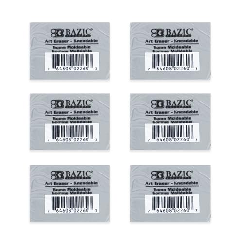 BAZIC Products Kneaded Art Eraser, Moldable, for Drawing & Charcoal, 6-Pack | Soft gray kneaded art eraser, Molds in your hand to lift pencil, Pastel without crumbs, Artists, Bulk pack