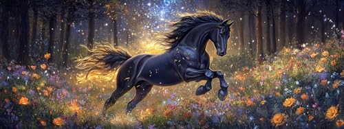Bimkole Large Diamond Art Kits for Adults Horse, Full Drill 5D DIY Rhinestone Embroidery Set Paint with Diamonds Art Grass by Number Kits Cross Stitch Home Wall Craft Decoration 31.5x11.81 Inch - color: dark horse