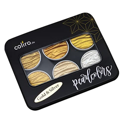 Coliro Pearlcolor Paint Set Gold & Silver C600 - New 2023 Version In Metal Box -Metallic Watercolor Paints (6-Color Set, 30mm)