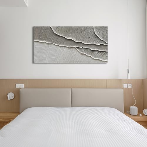 NANKAI Art Hand Painted Wave Landscape Oil Painting Modern Abstract Grey and White Art Painting 24x48 inch Abstract wall Art Deco - color: Nkhb301