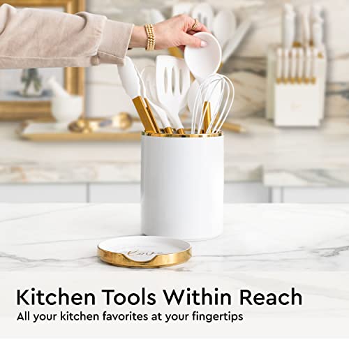 STYLED SETTINGS White Utensil Holder with Built-In Ceramic Spoon Rest | 2-Piece White and Gold Spatula Holder, Kitchen Accessory, Utensils Not Included, White & Gold - color: White & Gold