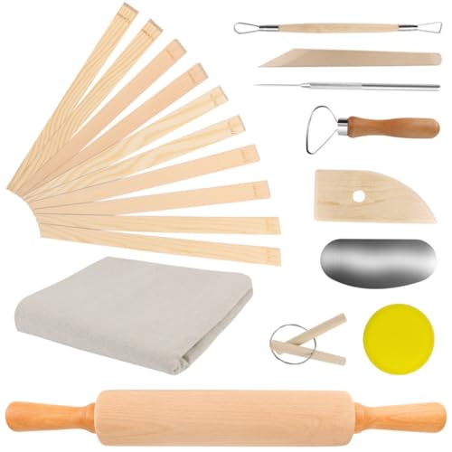 Pletpet 20Pcs Pottery Tools Kit for Adults, with 1 Wooden Rolling Pin, 10 Pottery Rolling Mud Sticks, 8 Clay Sculpting Tools and 1 Premium Linen for Ceramic, Polymer Clay & Beginners