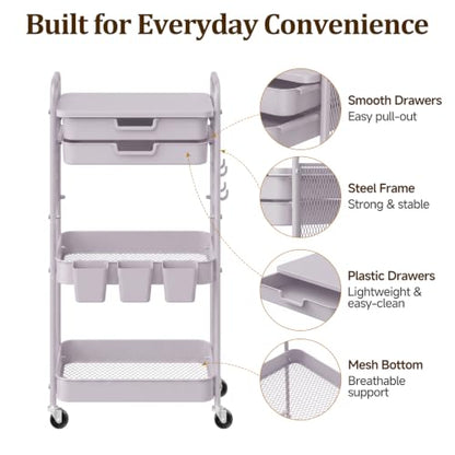 3 Tier Rolling Cart with 2 Drawers, Metal Utility Storage Carts with Wheels | Kitchen Rolling Cart 4.5" Deep Basket, Mesh Side Panel with 3 Cups, 4 Hooks for Office, Bedside, Craft Storage Cart - color: Dray Purple