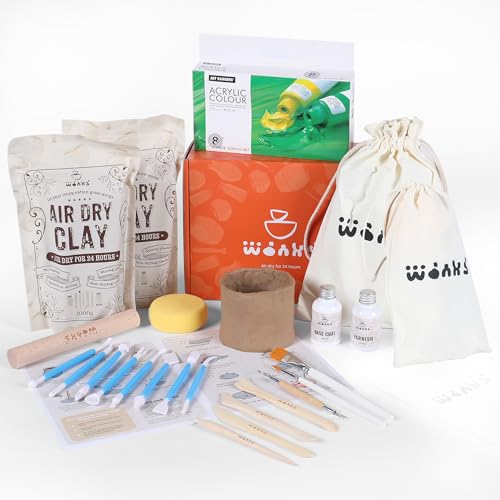 Wonks Air Dry Clay Pottery Kit for Adults & Kids - 30 Piece Kit - Acrylic Paint & Sculpting Tools Included - Carving Tools, Sponge & More - A Complete Beginners Pottery Set - 2KGs of Clay Included