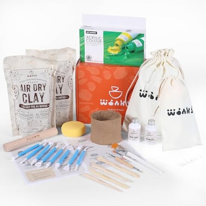 Wonks Air Dry Clay Pottery Kit for Adults & Kids - 30 Piece Kit - Acrylic Paint & Sculpting Tools Included - Carving Tools, Sponge & More - A Complete Beginners Pottery Set - 2KGs of Clay Included