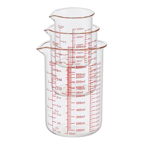 High Borosilicate Glass Measuring Cup Set-V-Shaped Spout，Includes 250ml(8OZ), 500ml(16OZ), and 1000ml(32OZ) Glass Measuring Beaker for Kitchen or Restaurant, Easy to Read - size: 250ml/500ml/1000ml Measuring Cup Set