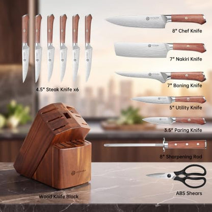 YOTSUBA 14 PCS Japanese Knife Set with Block and Sharpening Rod - style: 14PCS knife block set