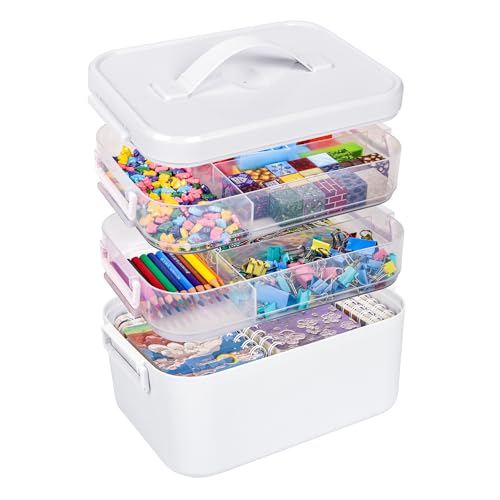 13.3 QT Art Supply Storage Organizer, 3-Tier with Removable Trays | Large clear stackable craft case with removable trays, adjustable dividers and carry handle for markers, beads and toys - color: 3 Layer-White