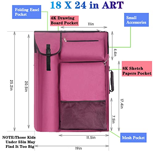 TreochtFUN Art Bags for Supplies Portfolio Case 19 X 25.5 in Artist bag M-L | for Storage A2 Canvas Board A3 Sketchbook - Carrying Artwork with Backpack & Tote-handle - color: Dark Pink