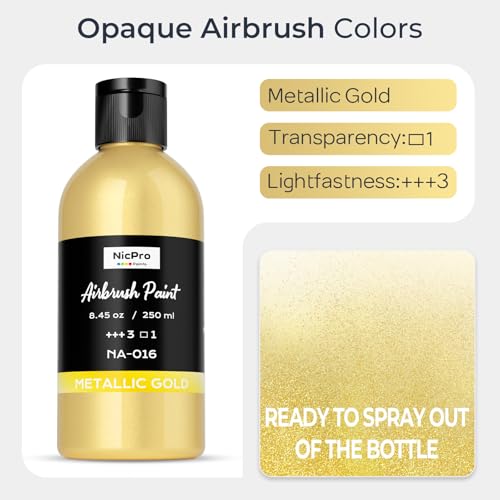 Nicpro Metallic Gold Large Airbrush Paint (8.45oz) Ready to Spray Opaque | Water-Based Acrylic Air Brush Paints for Model, Wood, Canvas, Metal, Plastic, Leather, for Beginners & Artists - color: Metallic Gold