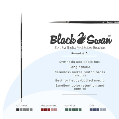 Black Swan Synthetic Red Sable Round Paint Brushes - Round Size # 0 - Professional Quality Long Handle Paint Brushes for Oil, Heavy Body Media and Acrylic - Artists of All Levels - size: Size 0