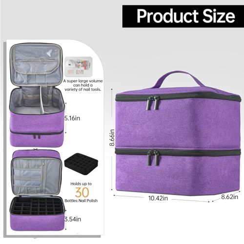 Buruis 2 Layer Nail Polish Bag, Nail Supplies Organizer, Purple | Dual Zippers, Adjustable Divider, Nail Dryer Storage, Fits 25 Bottles (15ML), Nail Tools Bag, Portable Manicure Case - color: Purple