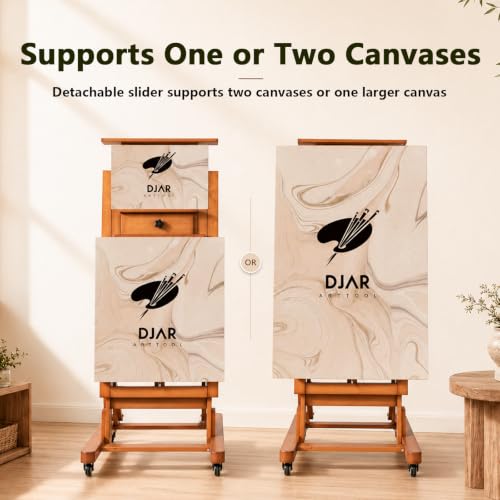 DJAR Extra Large H-Frame Studio Art Easel with Lockable Casters, Walnut | Movable Wooden Tilts Flat Heavy Duty Floor Stand, Solid Beech Wood Art Easel For Artists, Hold 1 or 2 Canvas up to 79"