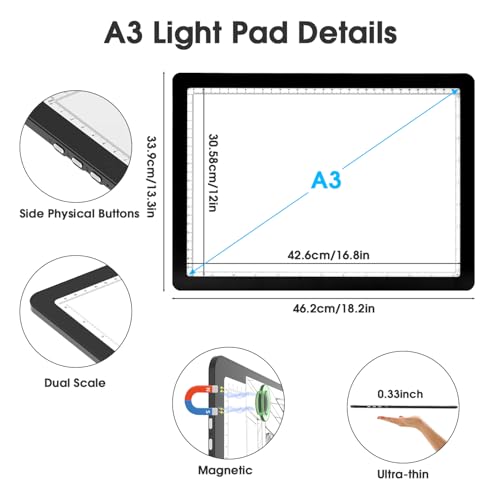Rechargeable A3 Light Pad with Carry Bag, High-Brightness Tracing Light Box with 6 Levels of Brightness, Side Physical Buttons & 3 Colors, Wireless Light Board for Diamond Painting, Drawing, Sketching - style: Rechargeable A3 with Bag (Black)