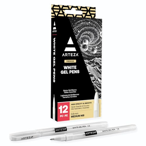 ARTEZA White Gel Pens, Set of 12 Rollerball Pens for Drawing, Highlights & Writing, Opaque Ink for Black Paper and Dark Surfaces - style: Set of 12