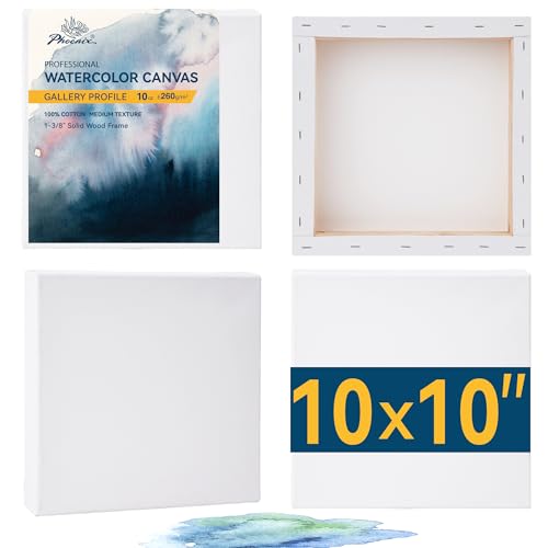 PHOENIX 10x10 Gallery Depth Watercolor Canvas 4 Pack | 1.5 In Deep 100% Cotton Water Color Square Canvases for Painting, 260g Medium Texture Canvas for Water Based Paints - size: 10"x10", style: Gallery Canvas