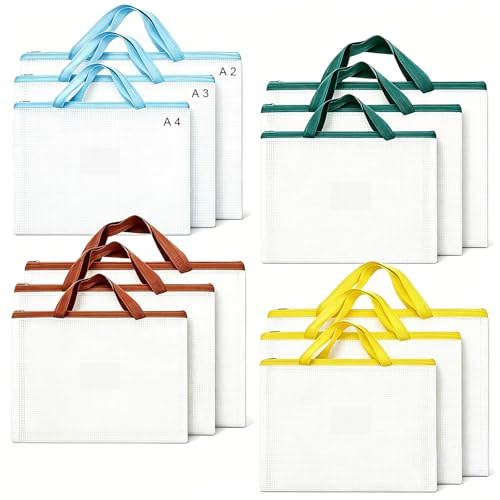 12 Pack A2/A3/A4 Art Portfolio Bags, Blue Brown Yellow Green | Handle and Zipper, Waterproof Mesh, For Artwork Poster Scrapbook Keepsake Bulletin Board, Folder Organizers