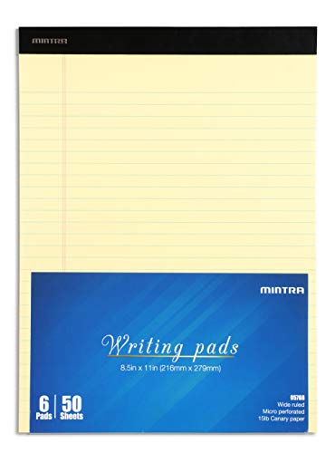 Mintra Office Canary Legal Pads - With Micro-perforated sheets, Smooth-lined paper, Ideal for Office Tasks, Assignments or Notes, Meetings, and Journaling, 6 pack Wide Ruled, Basic Pad, 8.5"x11" - color: Canary - Basic Pad, size: Wide