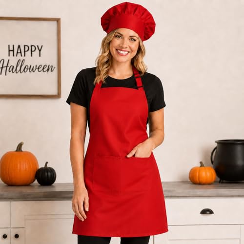 Tosewever Chef Apron Hat Set for Women and Men, Adjustable Bib Apron with 2 Pockets Costume Apron for Father Kitchen Cooking - color: Red