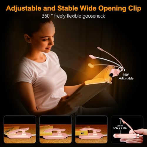 Gritin Rechargeable Book Light for Reading in Bed with 19 LED | Eye Caring 3 Color Temps, 5 Brightness Levels, Memory Function, 90 Hrs Runtime Flexible Goose Neck Clip on Light-Pink - color: Pink