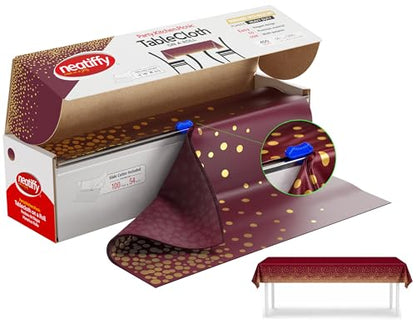 Neatiffy Disposable Plastic Table Cloth Roll with Slide Cutter | Waterproof Cover for Rectangle, Square, Oval Tables | Picnic, Party, Banquet, Birthdays, Weddings - Burgundy Gold Dots - color: Burgundy Gold Dots, size: 54 inches X 100 feet