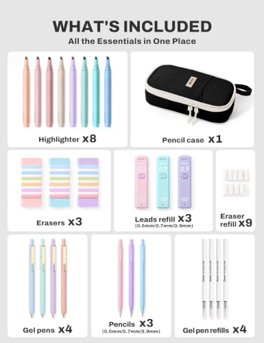 SUNEE Pencil Case with Supplies, 35PCS Aesthetic Stationery Set with Pastel Highlighters, Black Gel Pens, Mechanical Pencils & Refills, College School Supplies for Students, Black - color: Black, style: 35 Pack