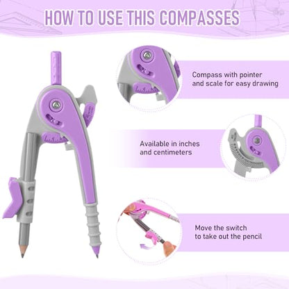 EBOOT Student Geometry Math Set, Drawing Compass and 6 Inch Clear Swing Arm Protractors 180 Degree Math Protractor (Lavender Purple) - color: Lavender Purple