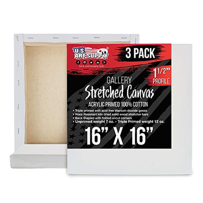 U.S. Art Supply 16"x16" Stretched Canvas for Painting, Gallery Depth 3-Pack - size: 16" x 16"