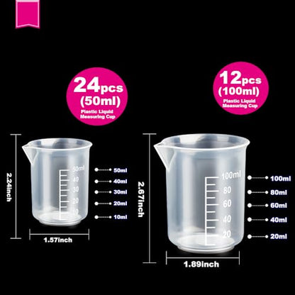 LEOBRO 36 PCS Resin Mixing Cups, 12PCS 100ML Plastic Measuring Cups for Resin, 24PCS 50ML Paint Mixing Cups, Plastic Beakers, Liquid Measuring Cups