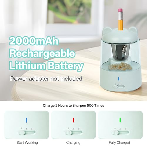 Electric Pencil Sharpener, Rechargeable Auto-Stop for 6-8mm,3 Modes | Fast Sharpen in 3s, Battery Powered, Heavy Duty Blade, Suitable for No.2(6-8mm), School/Home/Office - color: Green