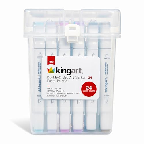 KINGART PRO Double-Ended Alcohol Ink Art Markers, 24 PASTEL Colors, Fine Point & Chisel Tips, Permanent with Superior Blendability, Includes Plastic Case, 24 Pc. - color: Pastel