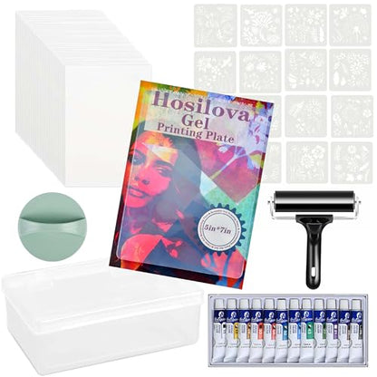 Reusable Gel Printing Plate Kit, Complete Printmaking Set with 5" X 7" Gel Plate, Acrylic Paint, Paper, Baren, Rubber Roller, Stencils and Storage Box, Easy Clean Plate, Creative Art DIY Printmaking