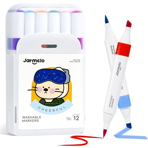 Jar Melo Washable Dual Tip Markers for Kids Ages 4-8, 12 Colors | Brush & Chisel Tip, Water-Based, Storage Case, School Art Supplies, Safe, Vibrant Colors - style: 12 Colors