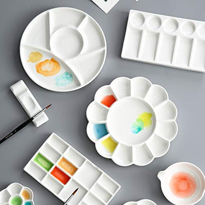 Set of 2 Ceramic Artist Paint Pallet,Tray,Palette,Easy to Clean Porcelain Mixing Tray for Watercolor Gouache Painting,White, 8 inch,Round, (LS007)