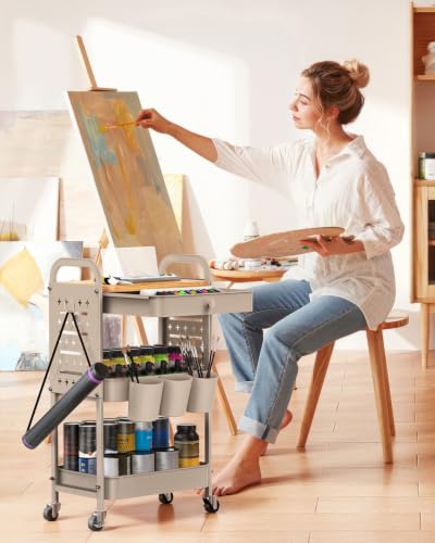 ALVOROG 3 Tier Metal Rolling Cart with Drawer,Wood Top,Pegboards,Khaki | Storage Utility Cart with Drawers,Pegboards,Lockable Wheels,Baskets,Hooks for Kitchen,Office,Bedroom,DIY Supplies - color: Khaki