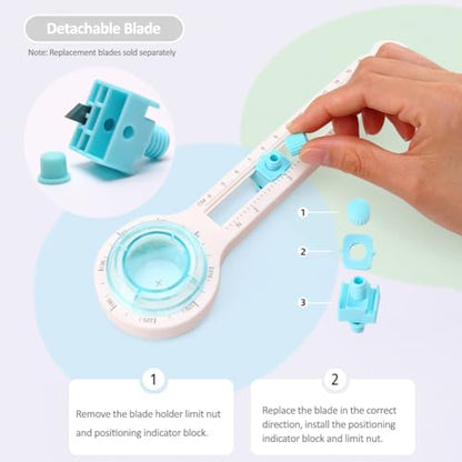 KW-triO Circe Cutter for Paper Crafting Circular Cutter Tool Visible Center of Circle Rotary Compass Circle Cutter Adjustable Cutting Diameter Ranges from 3 in to 12.6 in (Cyan & White, Large)