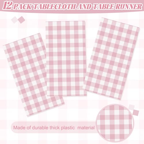 FuWeave 12 Pcs Pink and White Checkered Tablecloths Disposable Plastic Gingham Table Cloths Waterproof Rectangle Plaid Table Cover for Wedding Picnic Birthday Party Decor, 54 x 108 Inch - style: Pink plaid