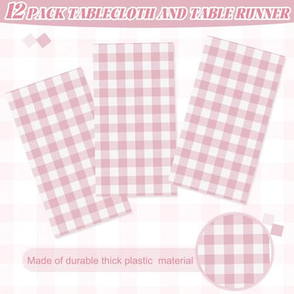 FuWeave 12 Pcs Pink and White Checkered Tablecloths Disposable Plastic Gingham Table Cloths Waterproof Rectangle Plaid Table Cover for Wedding Picnic Birthday Party Decor, 54 x 108 Inch - style: Pink plaid