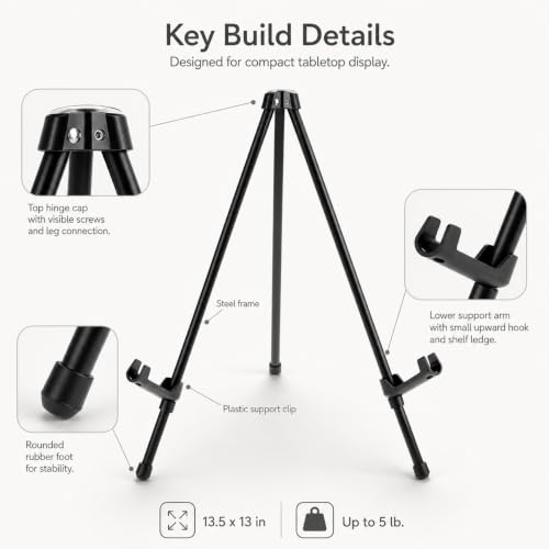QWORK 14.5" Tabletop Easel Stand, Foldable Black Metal Tripod for Art Canvas, Posters & Signage, Adjustable Display Holder for Trade Shows, Presentations & Home Decor