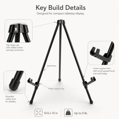 QWORK 14.5" Tabletop Easel Stand, Foldable Black Metal Tripod for Art Canvas, Posters & Signage, Adjustable Display Holder for Trade Shows, Presentations & Home Decor