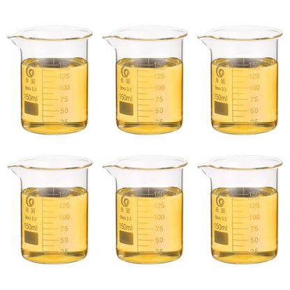 PATIKIL 150ml Low Form Glass Beaker, 6Pcs 3.3 Borosilicate Glass Beakers Graduated Measuring Cup with Spout for Lab Experiment, Cooking and Baking, Clear - size: 150ml