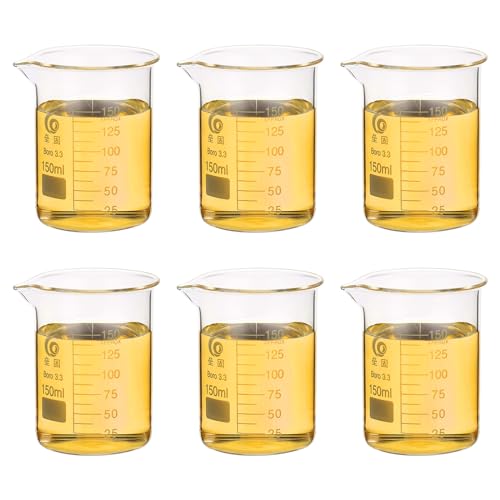 PATIKIL 150ml Low Form Glass Beaker, 6Pcs 3.3 Borosilicate Glass Beakers Graduated Measuring Cup with Spout for Lab Experiment, Cooking and Baking, Clear - size: 150ml
