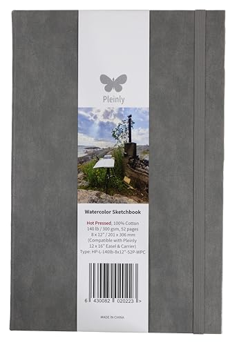 Pleinly 100% Cotton Watercolor Sketchbook Journal – Hot Press, 8x12” Large, 140lb (300gsm), 26 Sheets Portrait, Type-L Paper with Internal & External Sizing, Hard Cover, Lay Flat - size: Hot Pressed 12x8" Type L (1 pcs)