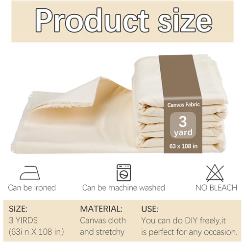 3 YD Canvas Fabric, Premium 10oz Natural Cotton Duck Canvas, 62 Inch Wide Heavy Sewing Material for Arts & Crafts, Backings, Covers, Home Decoration (3 YD)