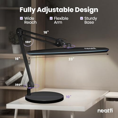 Neatfi XL 2,200 Lumens 20W LED Task Lamp – 23” Ultra-Wide Head | 182 SMD LEDs | 4 Brightness Levels | 3 Light Modes | Eye-Caring, Glare-Free | Adjustable Arm (Black, CCT with Clamp) - color: Black
