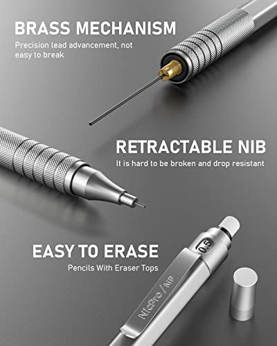 Nicpro 2 PCS Metal Mechanical Pencils 0.5mm & 0.7 mm with Case | MP1000 Artist Pencil Set with 4 Tubes HB Lead Refills, 2 Erasers, 9 Eraser Refills For Art Writing Drafting, Black & Silver - color: Silver,Black