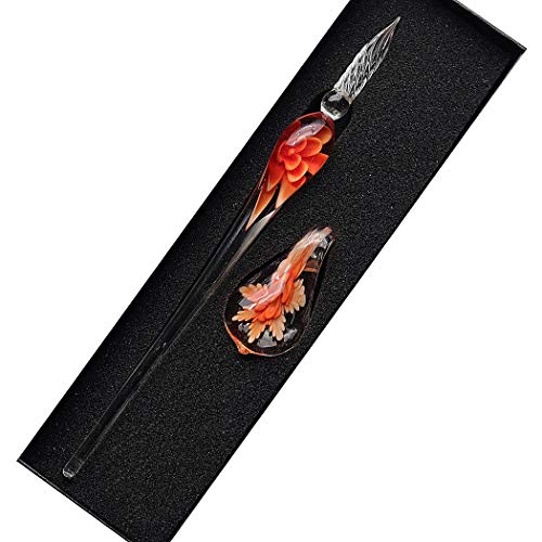Crystal Glass Intarsia Dip Pen Fountain Pen Kit Vintage Calligraphy Signatures Pen, Orange - color: Orange