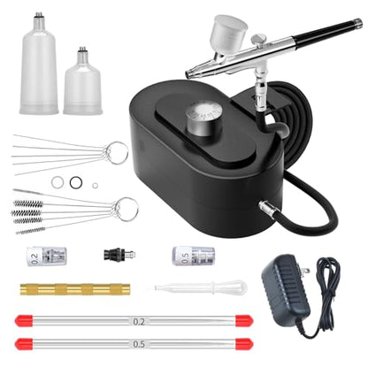 Airbrush Gun Kit with Air Compressor - Small Plug-in Dual-Action Spray Paint Gun, Includes 0.2/0.3/0.5mm Nozzles for Nail Art, Furniture Repair & Artistic Painting (Upgrade Set) - color: Upgrade Set