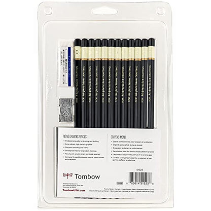 Tombow 51523 MONO Drawing Pencil Set, Assorted Degrees, 12-Pack. Professional Quality Graphite Pencil Set with Eraser and Sharpener
