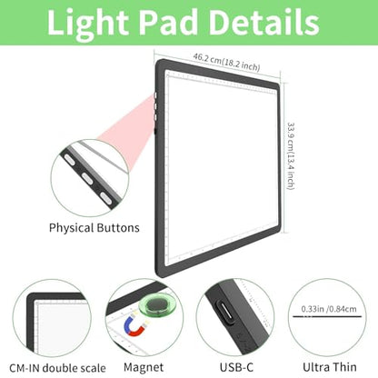 KOBAIBAN A4 Magnetic Light Box with Bag, Rechargeable Diamond Art Light Board with Side Physical Buttons, 3 Color Light Modes Super Bright Light Pad Light Table for Tracing, Drawing, Sketching (Black) - size: A4 with Bag